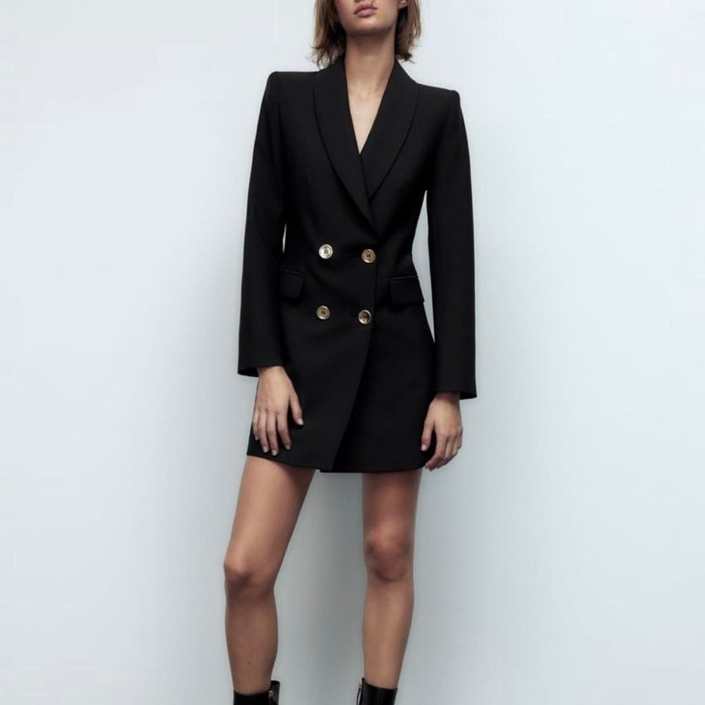 Zara Black Double Breasted Blazer Dress with Gold Buttons
